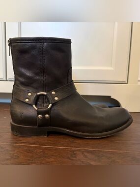 Frye Black Leather Harness Moto Boots